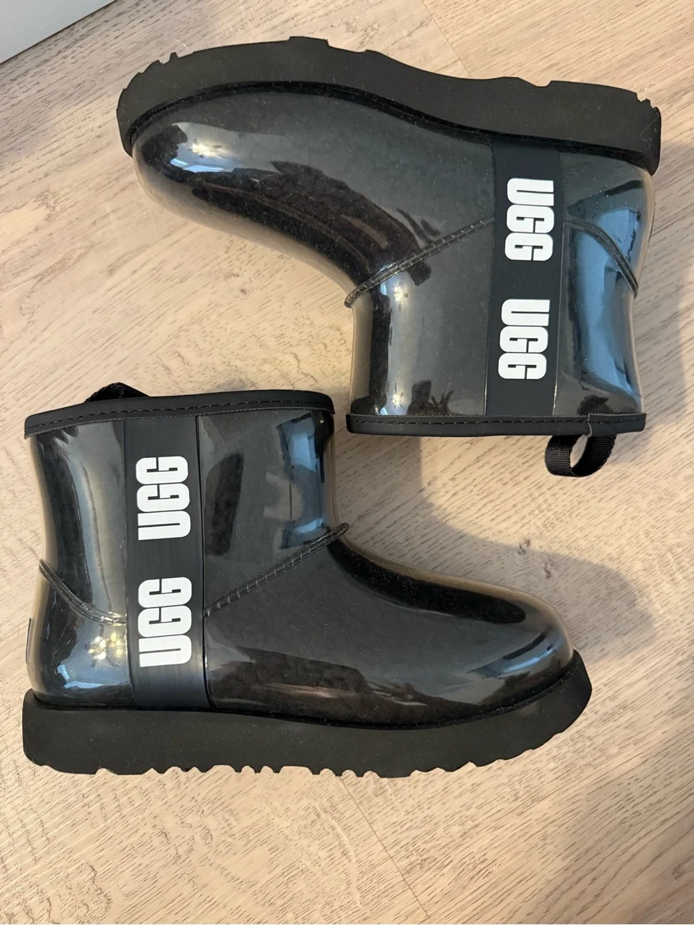 UGG Kids Black Gloss Short Rain Boots with White Logo